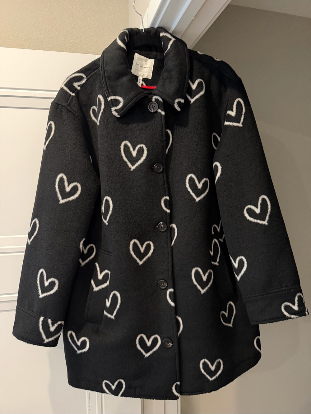 Avec Les Filles Black Coat with White Heart Print